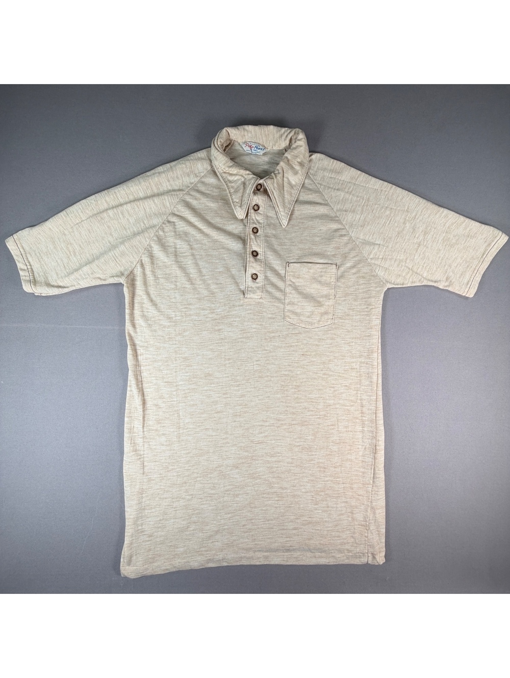 Vtg 70s Polo Mates Encore Shirt XL Tall Tan Heather Polyester Polo Pointed